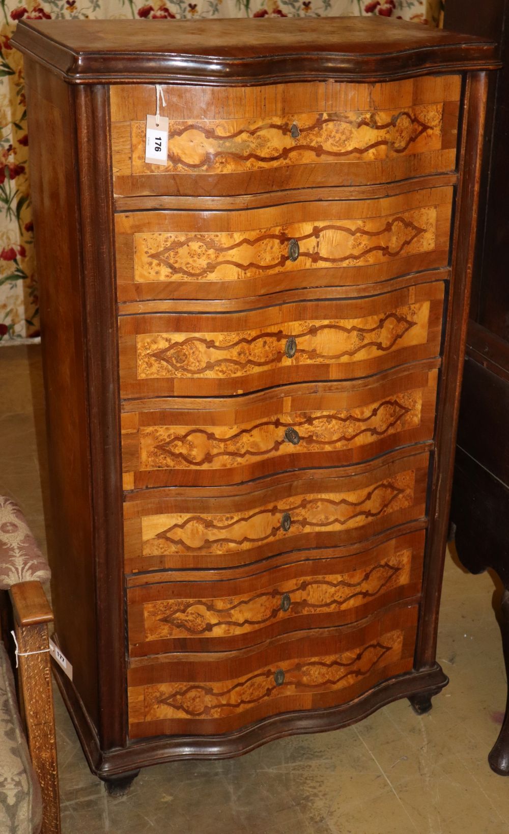An early 20th century French rosewood and marquetry semanier,